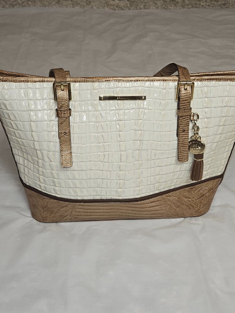 Brahmin Medium Asher Tote Croc‑Embossed Satchel – Cream & Bronze – NWOT